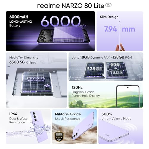 realme NARZO 80 Lite 5G Crystal Purple 4GB128GB 6000mAh Long-Lasting Battery MediaTek Dimensity 6300 5G AI Assist IP64 Rated Water Dust Resistance Military-Grade Durability