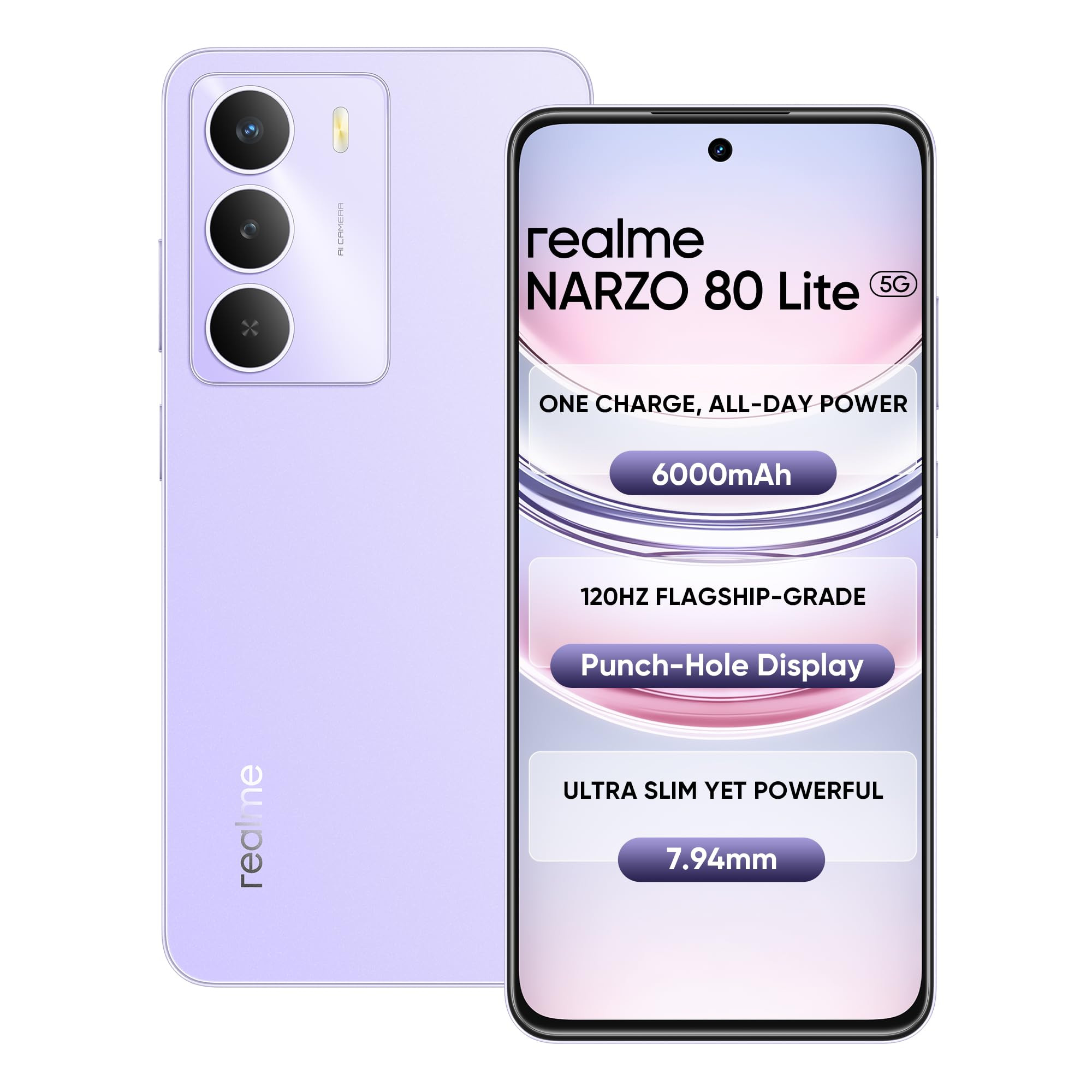 realme NARZO 80 Lite 5G Crystal Purple 6GB128GB 6000mAh Long-Lasting Battery MediaTek Dimensity 6300 5G AI Assist IP64 Rated Water Dust Resistance Military-Grade Durability