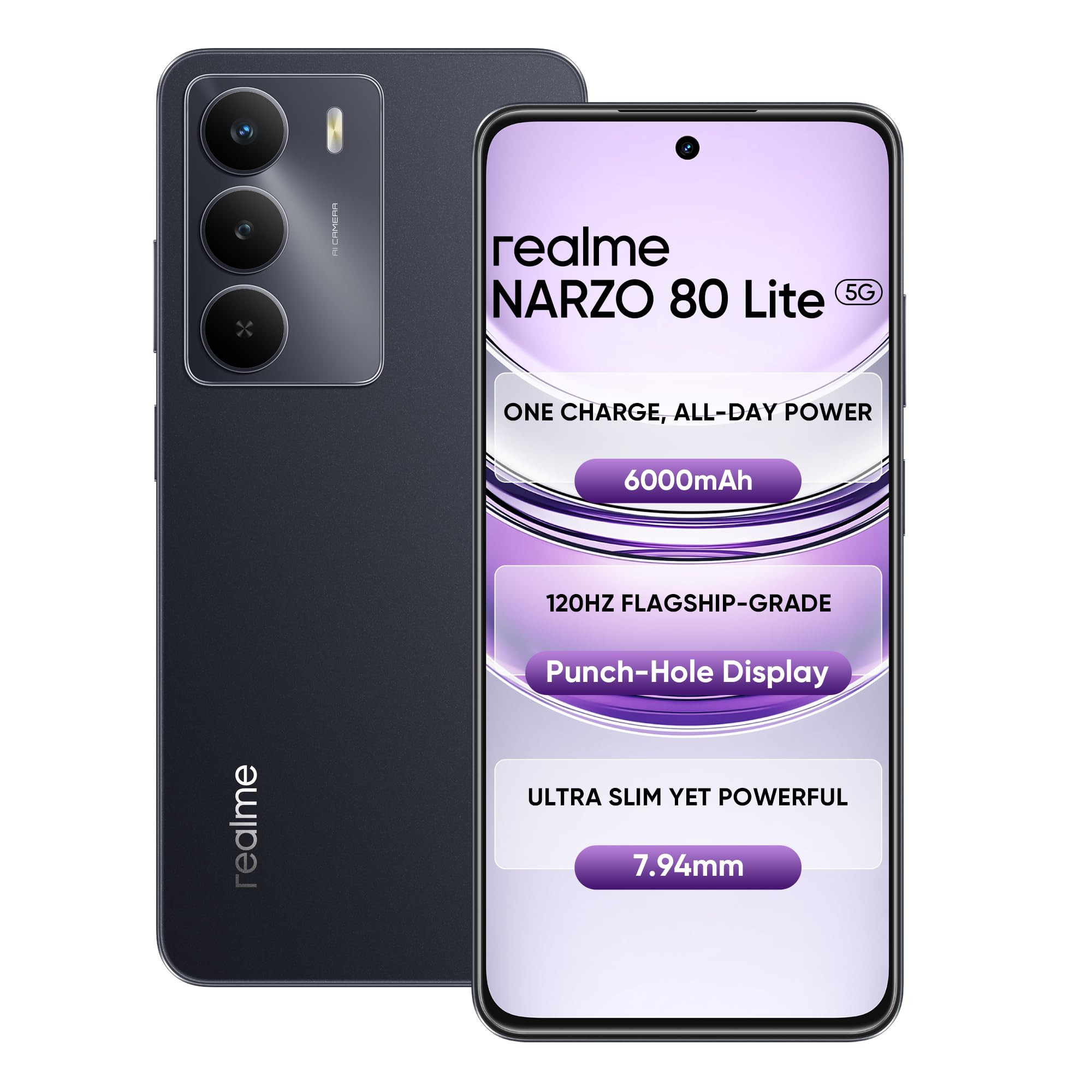 realme NARZO 80 Lite 5G Onyx Black 4GB128GB 6000mAh Long-Lasting Battery MediaTek Dimensity 6300 5G AI Assist IP64 Rated Water Dust Resistance Military-Grade Durability