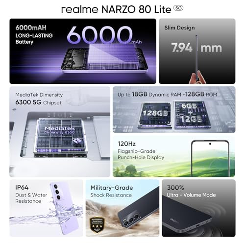 realme NARZO 80 Lite 5G Onyx Black 4GB128GB 6000mAh Long-Lasting Battery MediaTek Dimensity 6300 5G AI Assist IP64 Rated Water Dust Resistance Military-Grade Durability
