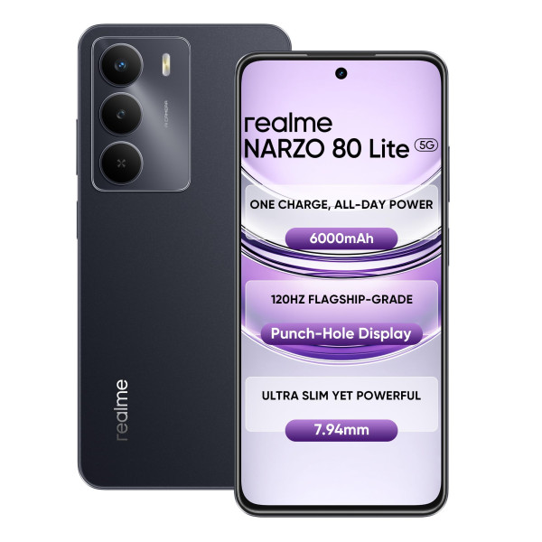 Image of realme NARZO 80 Lite 5G (Onyx Black, 6GB+128GB) | 6000mAh Long-Lasting Battery | MediaTek Dimensity 6300 5G | AI Assist | IP64 Rated Water &amp; Dust Resistance | Military-Grade Durability