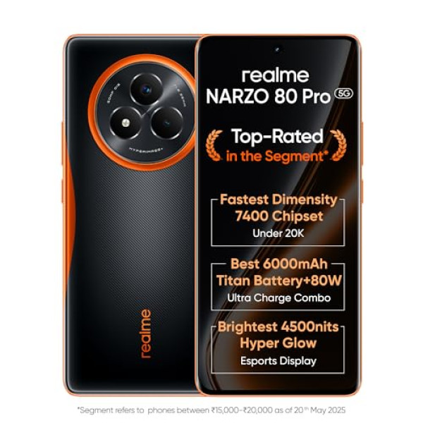 Image of realme NARZO 80 Pro 5G (Nitro Orange,8GB+256GB) | Segment's 1st MediaTek Dimensity 7400 Chipset | 6000mAh Titan Battery + 80W Ultra Charge | 4500nits HyperGlow Esports Display | IP69 Waterproof