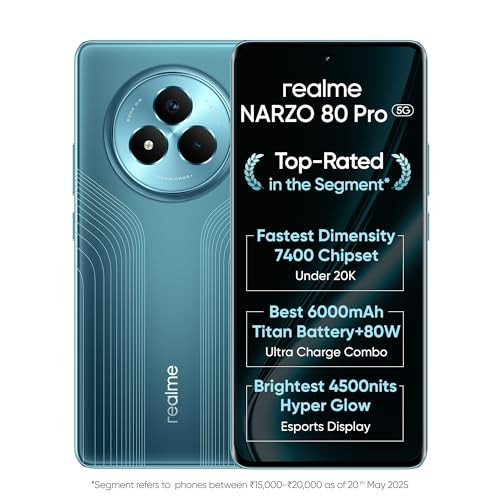 realme NARZO 80 Pro 5G Racing Green8GB128GB Segments 1st MediaTek Dimensity 7400 Chipset 6000mAh Titan Battery 80W Ultra Charge 4500nits HyperGlow Esports Display IP69 Waterproof