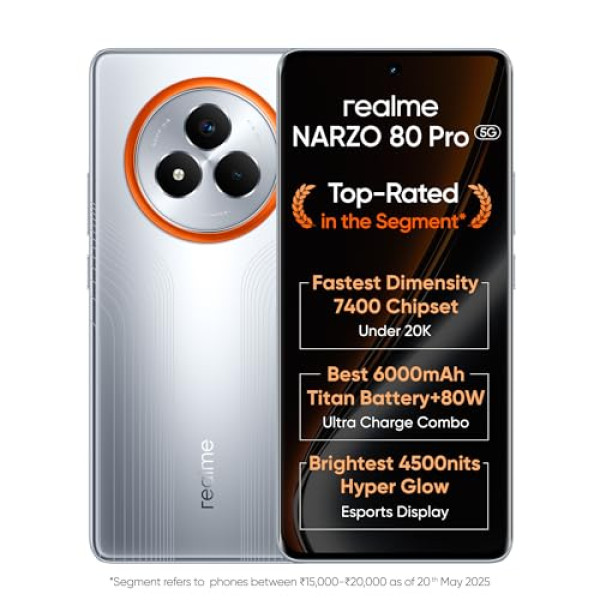 Image of realme NARZO 80 Pro 5G (Speed Silver,12GB+256GB) | Segment's 1st MediaTek Dimensity 7400 Chipset | 6000mAh Titan Battery + 80W Ultra Charge | 4500nits HyperGlow Esports Display | IP69 Waterproof