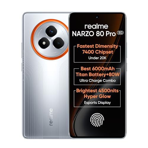realme NARZO 80 Pro 5G Speed Silver8GB128GB Segments 1st MediaTek Dimensity 7400 Chipset 6000mAh Titan Battery 80W Ultra Charge 4500nits HyperGlow Esports Display IP69 Waterproof