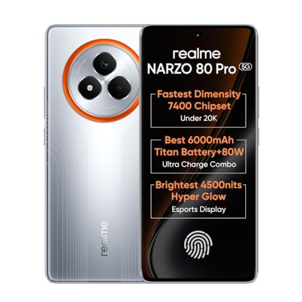 Image of realme NARZO 80 Pro 5G (Speed Silver,8GB+128GB) | Segment's 1st MediaTek Dimensity 7400 Chipset | 6000mAh Titan Battery + 80W Ultra Charge | 4500nits HyperGlow Esports Display | IP69 Waterproof