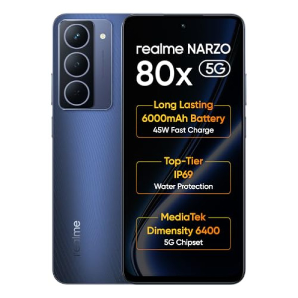 Image of realme NARZO 80x 5G (Deep Ocean,6GB+128GB) | Dimensity 6400 5G Chipset | 6000mAh Long-Lasting Battery | 45W Fast Charge | 120Hz Eye Comfort Display | IP69 Top-Tier Waterproof