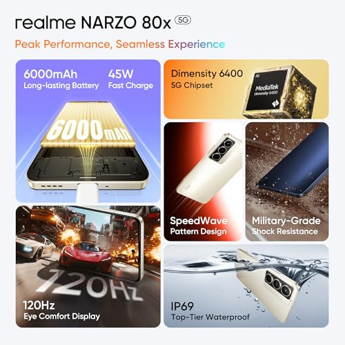 realme NARZO 80x 5G Sunlit Gold6GB128GB Dimensity 6400 5G Chipset 6000mAh Long-Lasting Battery 45W Fast Charge 120Hz Eye Comfort Display IP69 Top-Tier Waterproof