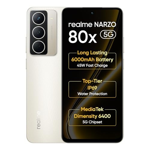 realme NARZO 80x 5G Sunlit Gold8GB128GB Dimensity 6400 5G Chipset 6000mAh Long-Lasting Battery 45W Fast Charge 120Hz Eye Comfort Display IP69 Top-Tier Waterproof