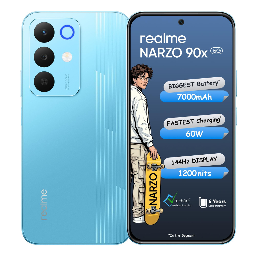 Image of realme NARZO 90x 5G (Flash Blue 2026, 6GB+128GB) | 7000mAh + 60W Biggest Battery &amp; Fastest Charging in the Segment* | 144Hz Bright Display | Sony 50MP AI Rear Camera | 400% Ultra Boom Speaker