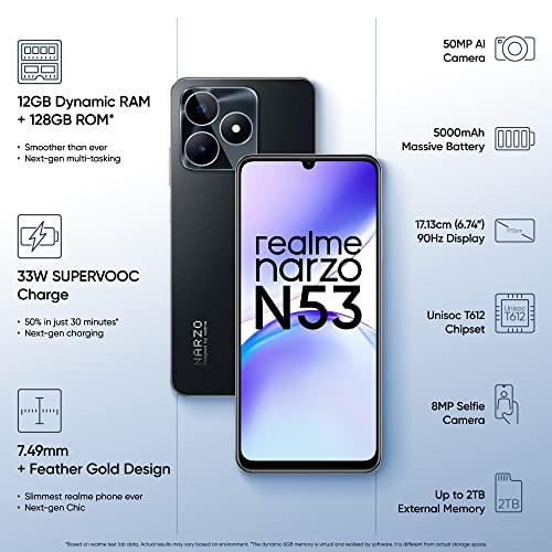 realme narzo N53 Feather Black 4GB64GB 33W Segment Fastest Charging Slim Smartphone 90 Hz Smooth Display