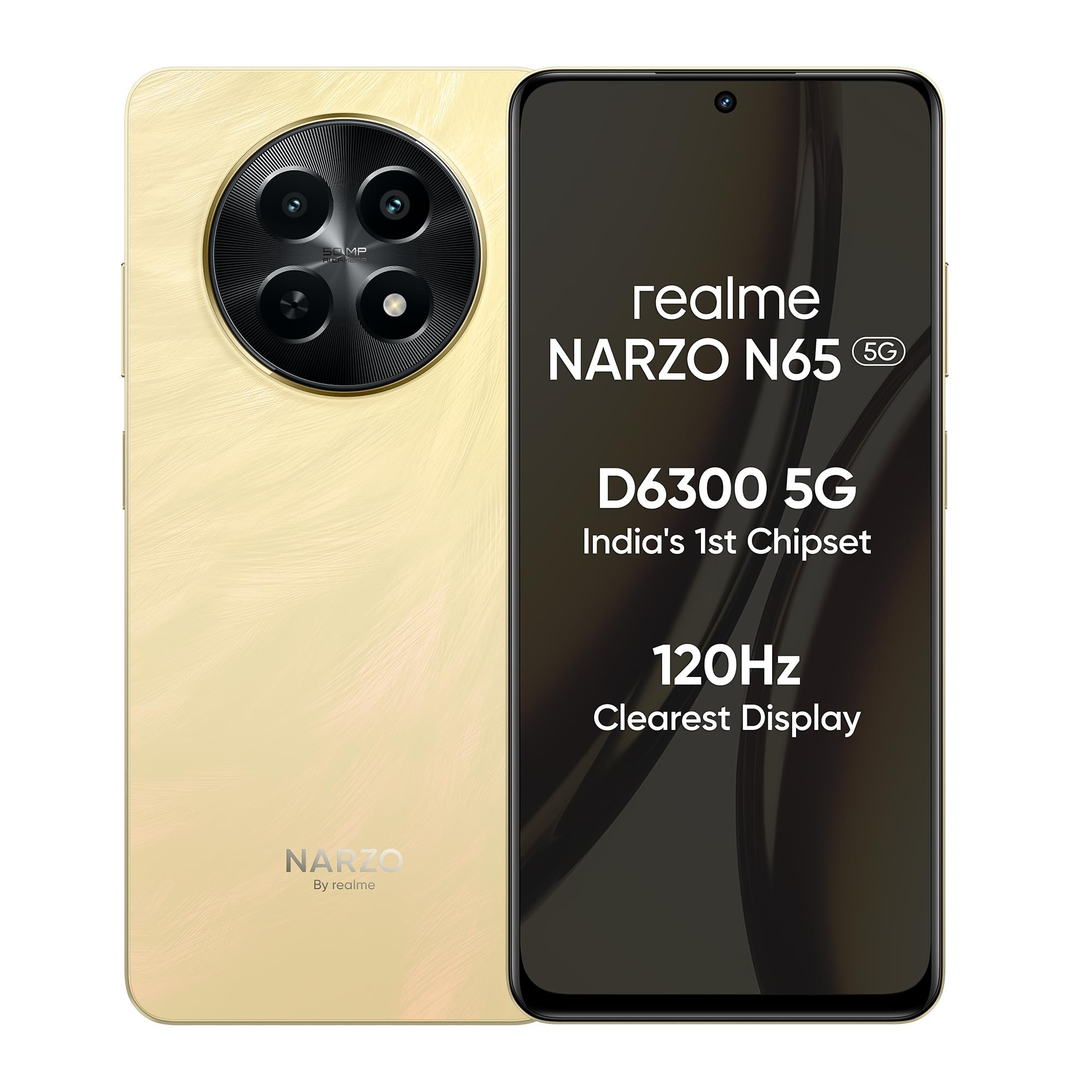 realme NARZO N65 5G Amber Gold 6GB RAM 128GB Storage Indias 1st D6300 5G Chipset Ultra Slim Design 120Hz Eye Comfort Display 50MP AI Camera Charger in The Box