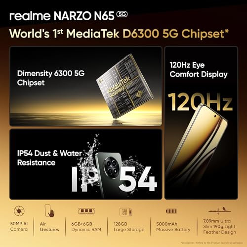 realme NARZO N65 5G Amber Gold 6GB RAM 128GB Storage Indias 1st D6300 5G Chipset Ultra Slim Design 120Hz Eye Comfort Display 50MP AI Camera Charger in The Box
