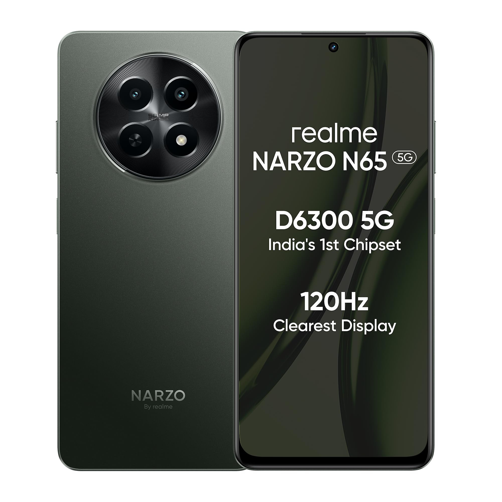 realme NARZO N65 5G Deep Green 6GB RAM 128GB Storage Indias 1st D6300 5G Chipset Ultra Slim Design 120Hz Eye Comfort Display 50MP AI Camera Charger in The Box