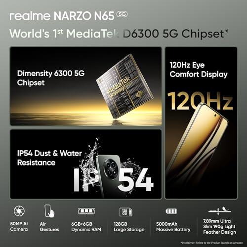 realme NARZO N65 5G Deep Green 6GB RAM 128GB Storage Indias 1st D6300 5G Chipset Ultra Slim Design 120Hz Eye Comfort Display 50MP AI Camera Charger in The Box
