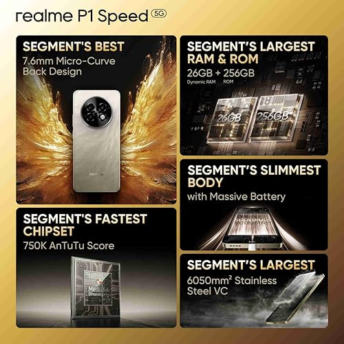 realme P1 Speed 5G Textured Titanium 8GB RAM 128GB Storage 16GB DRAM Expandable Upto 2 TB 667 Full HD Display 50MP 2MP 16MP Front Camera Dimensity 7300 Energy Processor