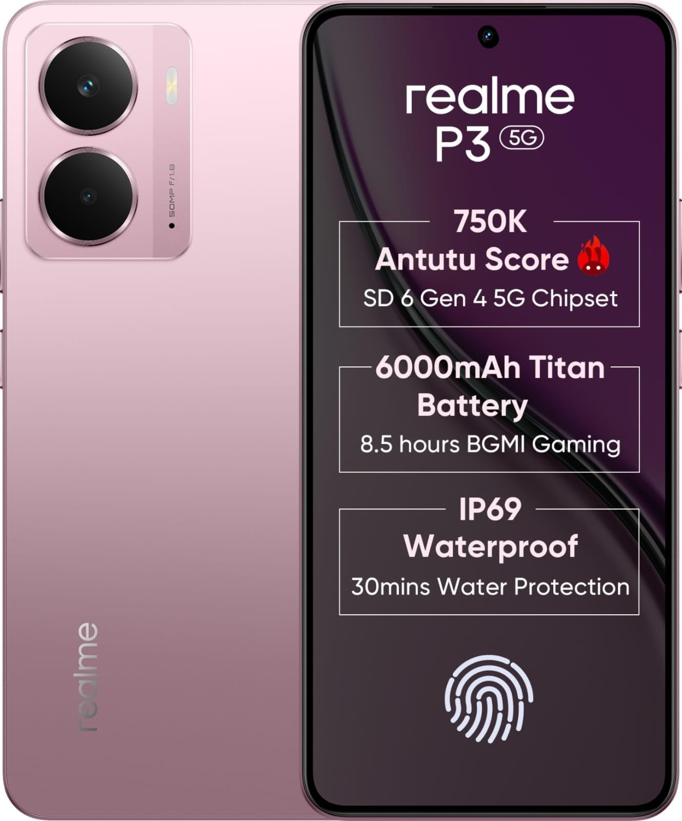 realme P3 5G Nebula Pink 6GB RAM 128GB Storage Snapdragon 6 Gen 4 50MP2MP Rear Camera 16MP Front 667 Full HD AMOLED 6000mAh Battery 45W Fast Charging Expandable Up to 2TB