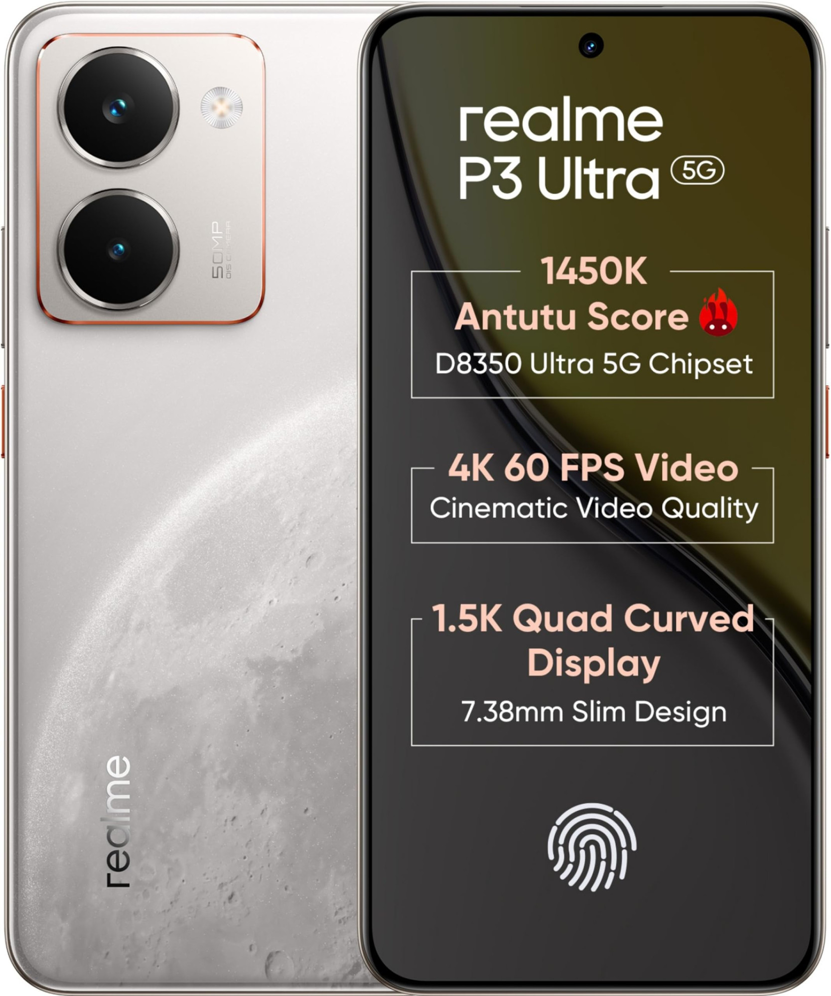 realme P3 Ultra 5G Glowing Lunar White 8GB RAM 128GB Storage Dimensity 8350 Ultra 50MP8MP Cam 16MP Front 683 120Hz AMOLED 6000mAh Battery 80W Fast Charging Upto 16GB RAM Expansion