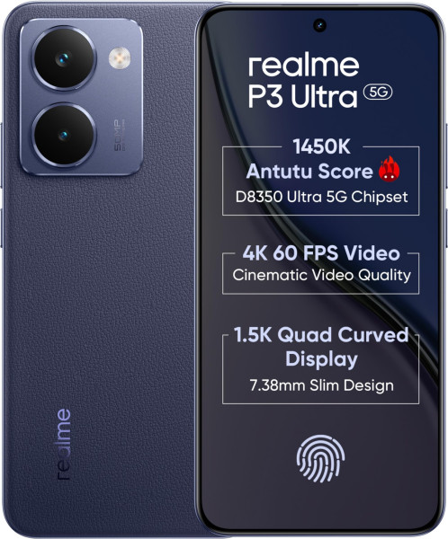 Image of realme P3 Ultra 5G (Neptune Blue, 8GB RAM, 128GB Storage) | Dimensity 8350 Ultra | 50MP+8MP Camera | 16MP Front | 6.83” 120Hz AMOLED | 6000mAh Battery | 80W Fast Charging | Up to 16GB RAM Expansion
