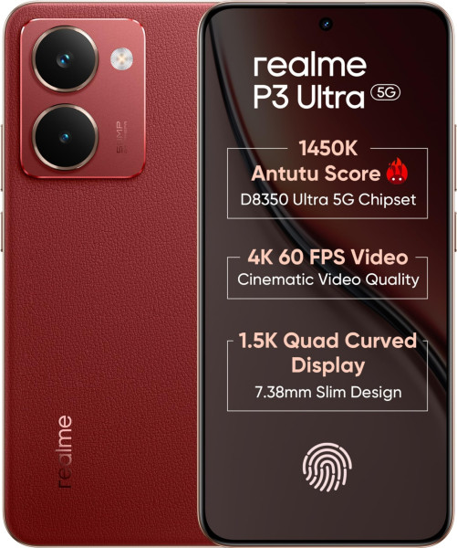 Image of realme P3 Ultra 5G (Orion Red, 8GB RAM, 256GB Storage) | Dimensity 8350 Ultra | 50MP+8MP Camera | 16MP Front | 6.83” 120Hz AMOLED | 6000mAh Battery | 80W Fast Charging | Up to 16GB RAM Expansion