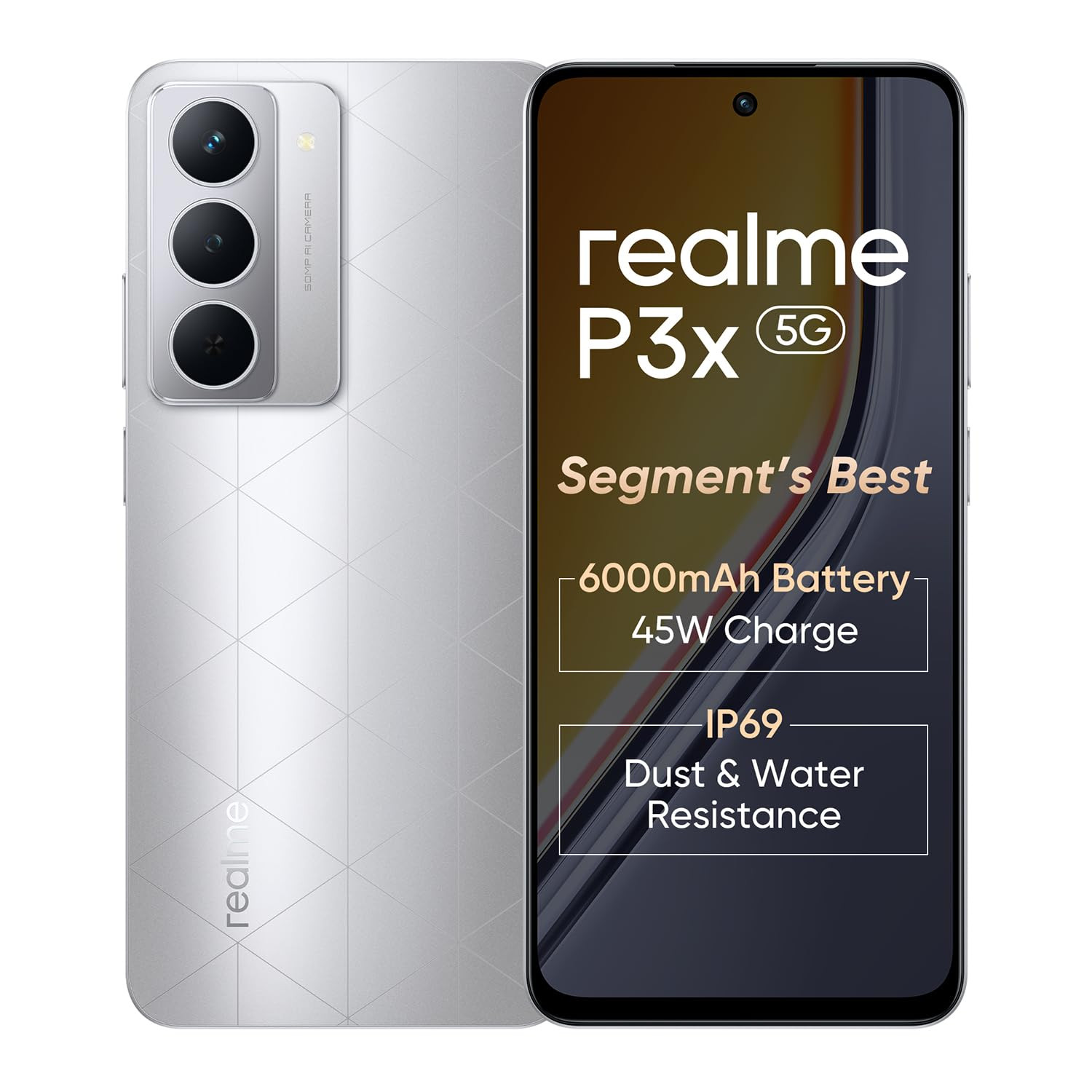 realme P3x 5G Smartphone 6128GB Lunar Silver672-inch Screen120Hz Display6000mAh Battery45W SuperVOOC 50MP Camera MediaTek Dimensity 6400 Processor IP64