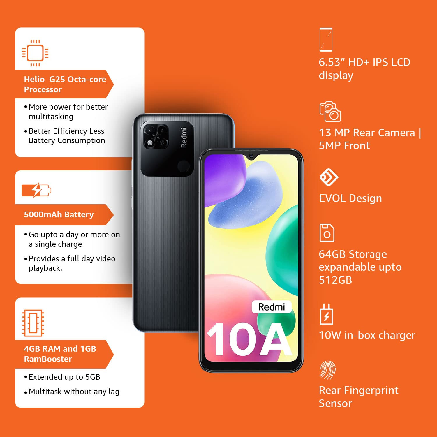 Redmi 10A Charcoal Black 3GB RAM 32GB Storage 2 Ghz Octa Core Helio G25 5000 mAh Battery Finger Print Sensor Upto 5GB RAM with RAM Booster