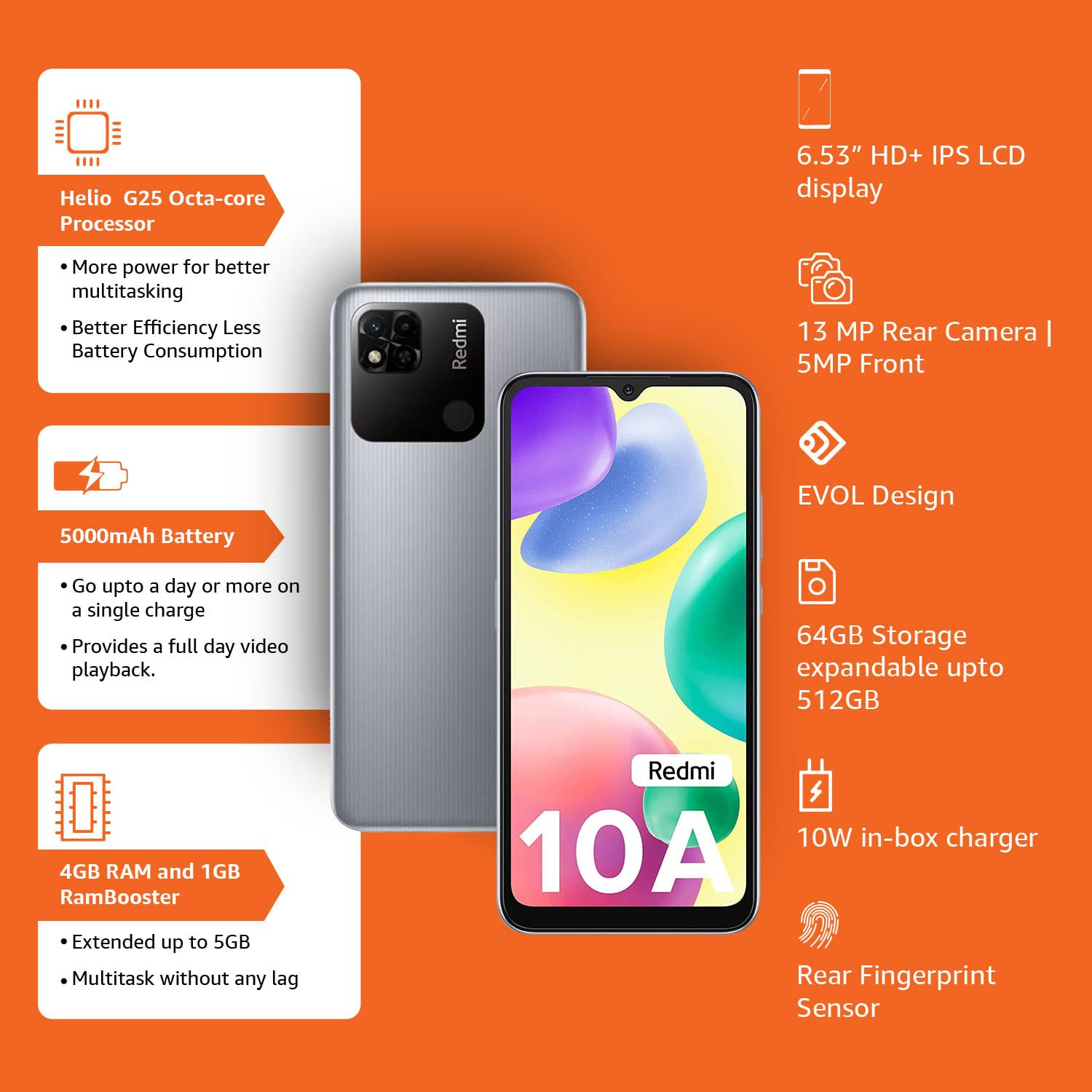 Redmi 10A Slate Grey 3GB RAM 32GB Storage 2 Ghz Octa Core Helio G25 5000 mAh Battery Finger Print Sensor Upto 5GB RAM with RAM Booster