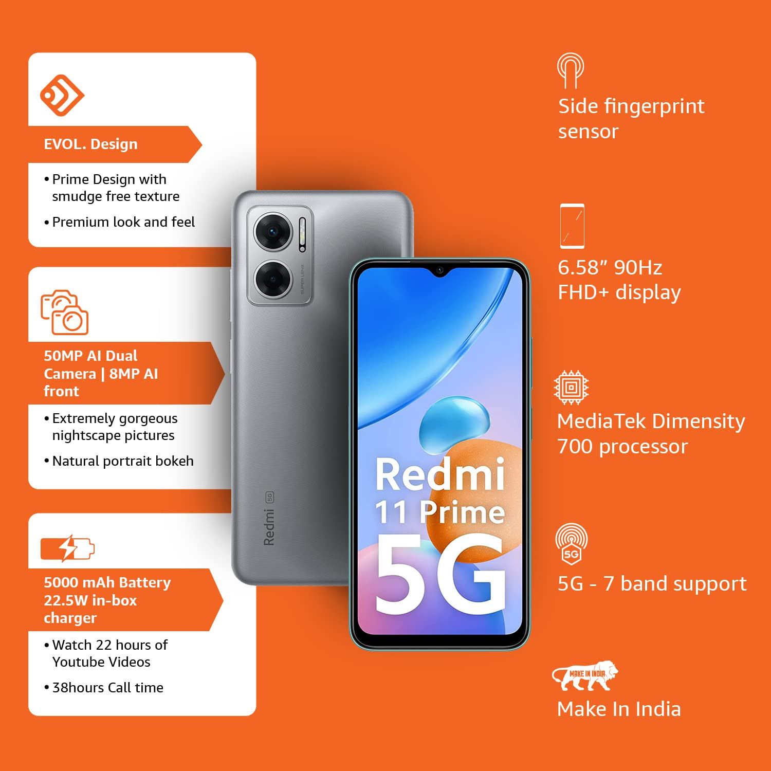 Redmi 11 Prime 5G Chrome Silver 4GB RAM 64GB ROM Prime Design MTK Dimensity 700 50 MP Dual Cam 5000mAh 7 Band 5G