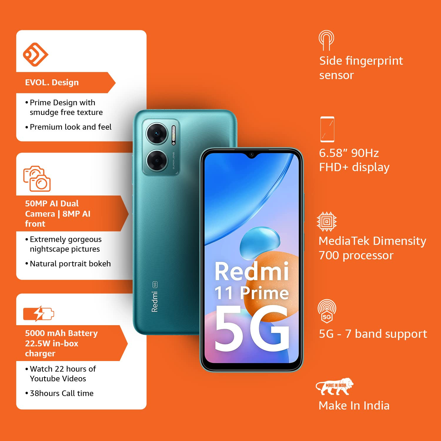 Redmi 11 Prime 5G Meadow Green 4GB RAM 64GB ROM Prime Design MTK Dimensity 700 50 MP Dual Cam 5000mAh 7 Band 5G