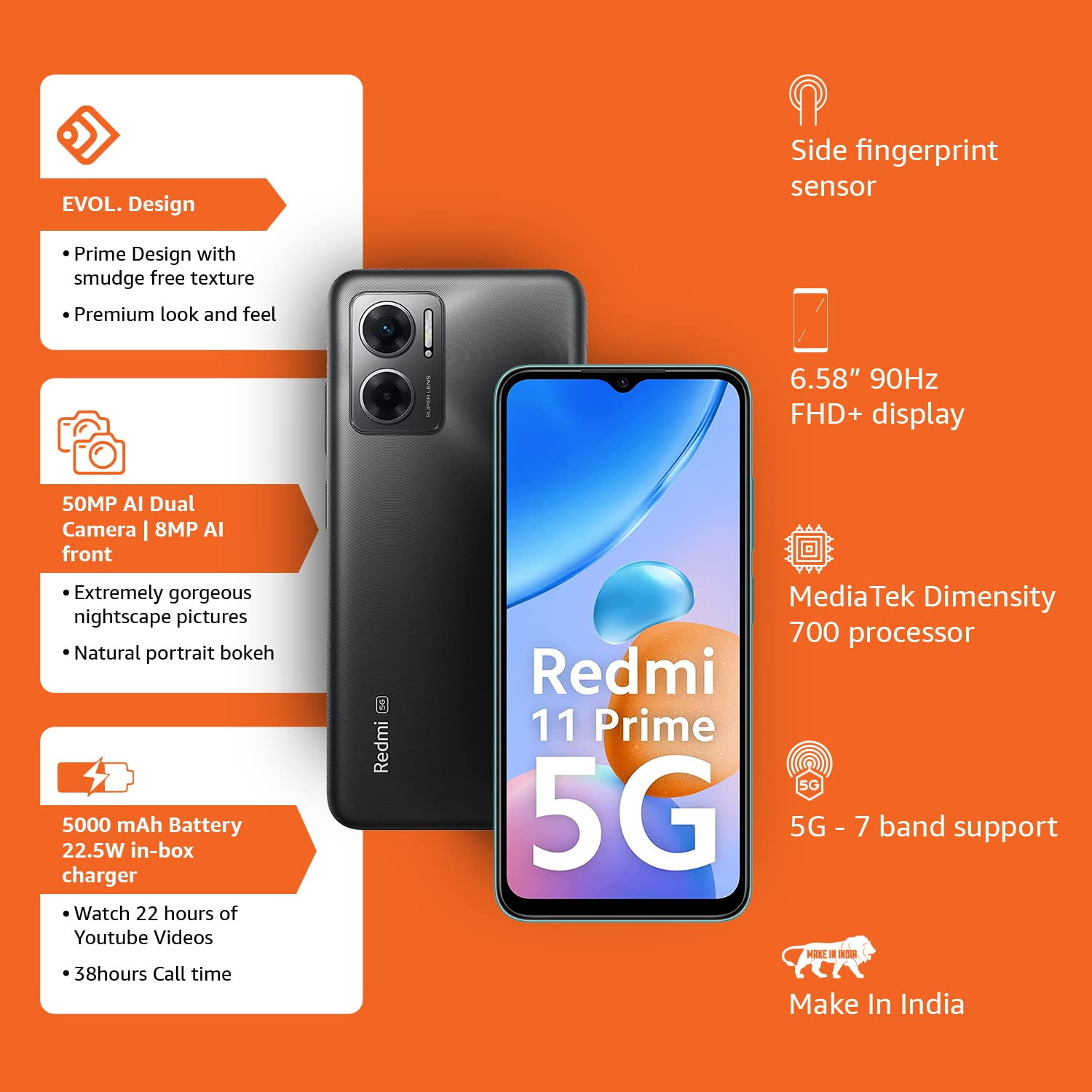 Redmi 11 Prime 5G Thunder Black 4GB RAM 64GB Storage Prime Design MTK Dimensity 700 50 MP Dual Cam 5000mAh 7 Band 5G