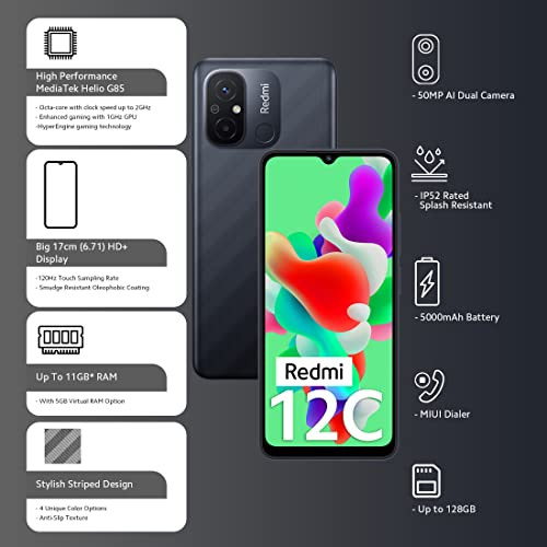 Redmi 12C Matte Black 4GB RAM 64GB Storage High Performance Mediatek Helio G85 Big 17cm671 HD Display with 5000mAhtyp Battery
