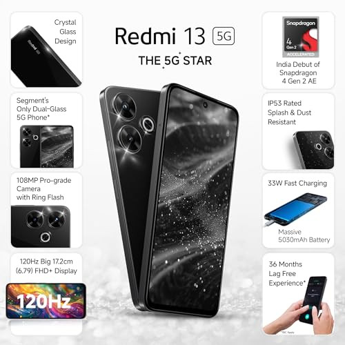 Redmi 13 5G Black Diamond 8GB128GB India Debut SD 4 Gen 2 AE 108MP Pro Grade Camera 679in Largest Display in Segment