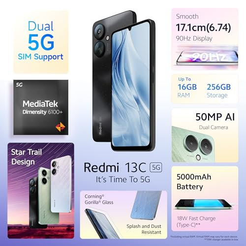 Redmi 13C 5G Starlight Black 4GB RAM 128GB Storage MediaTek Dimensity 6100 5G 90Hz Display