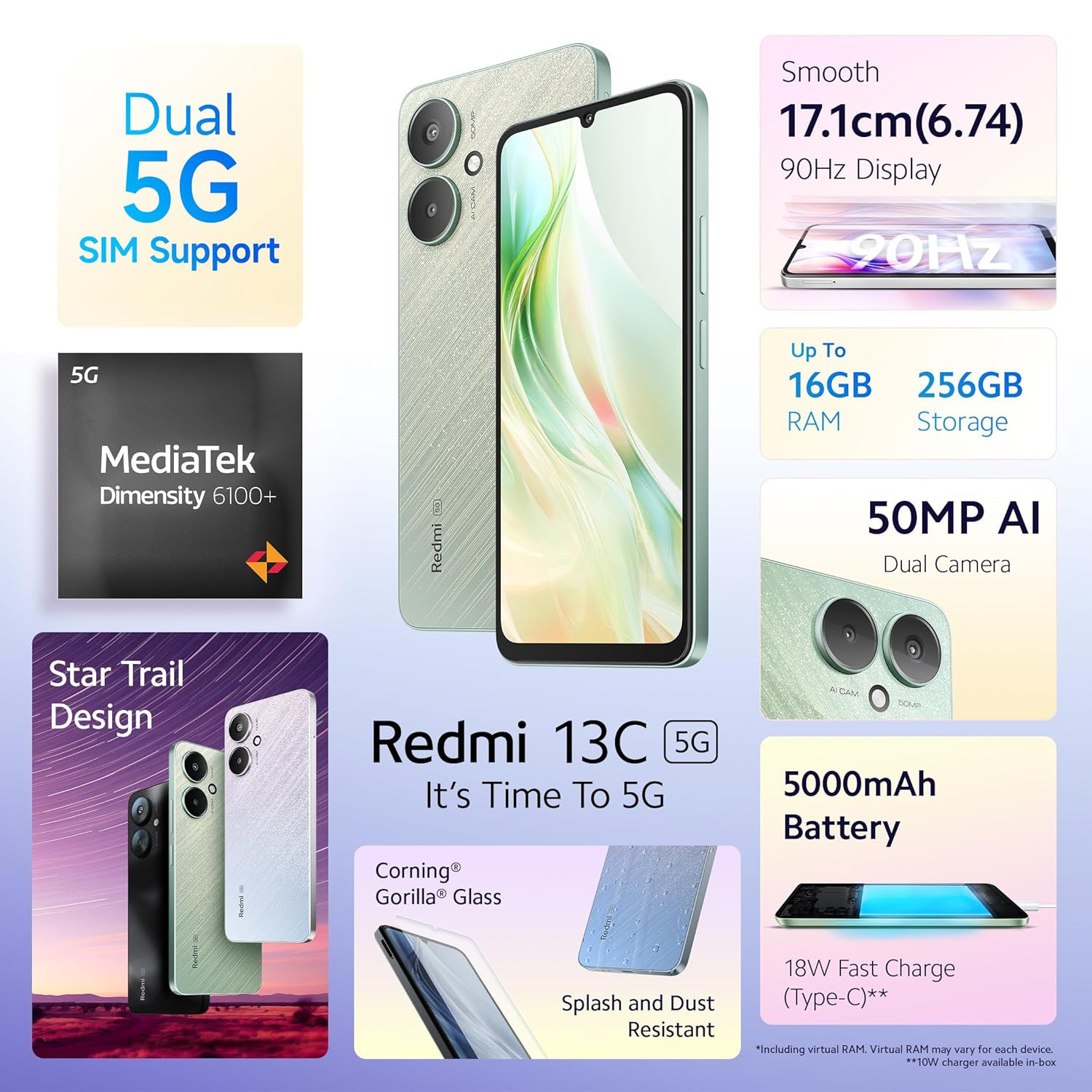 Redmi 13C 5G Startrail Green6GB RAM 128GB Storage MediaTek Dimensity 6100 5G 90Hz Display