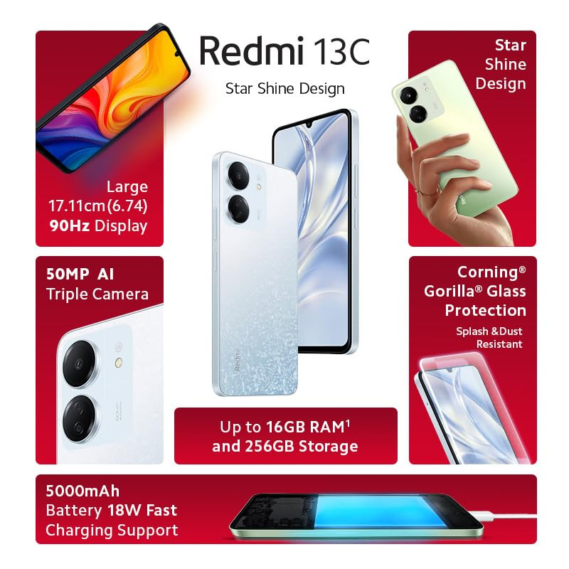 Redmi 13C Starfrost White 6GB RAM 128GB Storage Powered by 4G MediaTek Helio G85 90Hz Display 50MP AI Triple Camera