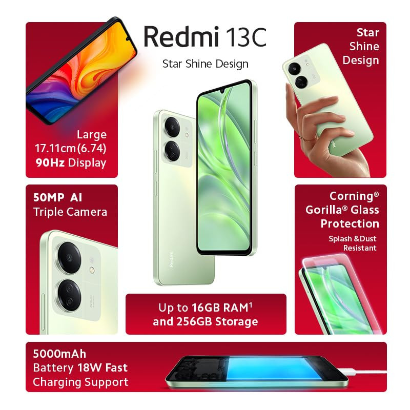Redmi 13C Starshine Green 4GB RAM 128GB Storage Powered by 4G MediaTek Helio G85 90Hz Display 50MP AI Triple Camera