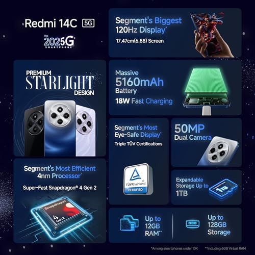 Redmi 14C 5G Starlight Blue 4GB RAM 128GB Storage Superfast 4nm Snapdragon 4 Gen 2 120Hz 1747cm 688 Display 5160mAh Battery 50MP Dual Camera Premium Starlight Design
