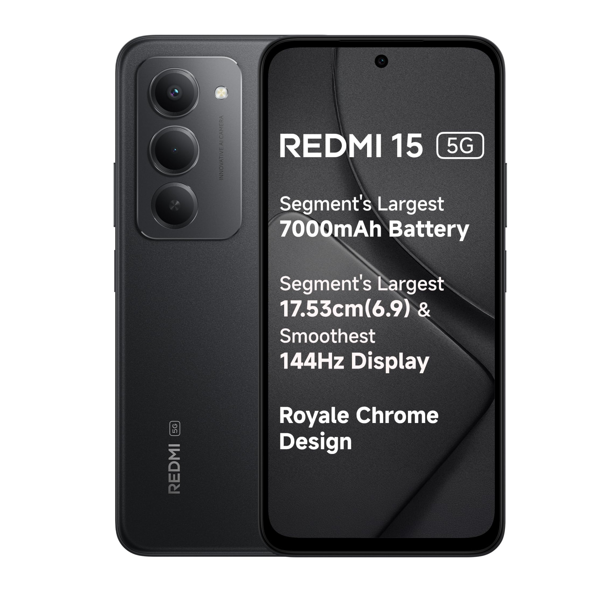 Redmi 15 5G Midnight Black 8GB 256GB Segments Largest 7000mAhA Battery Segments Largest Display 1753cm69 Up to 144Hz Snapdragon 6s Gen 3 18W Reverse Charging 50MP AI Dual Camera