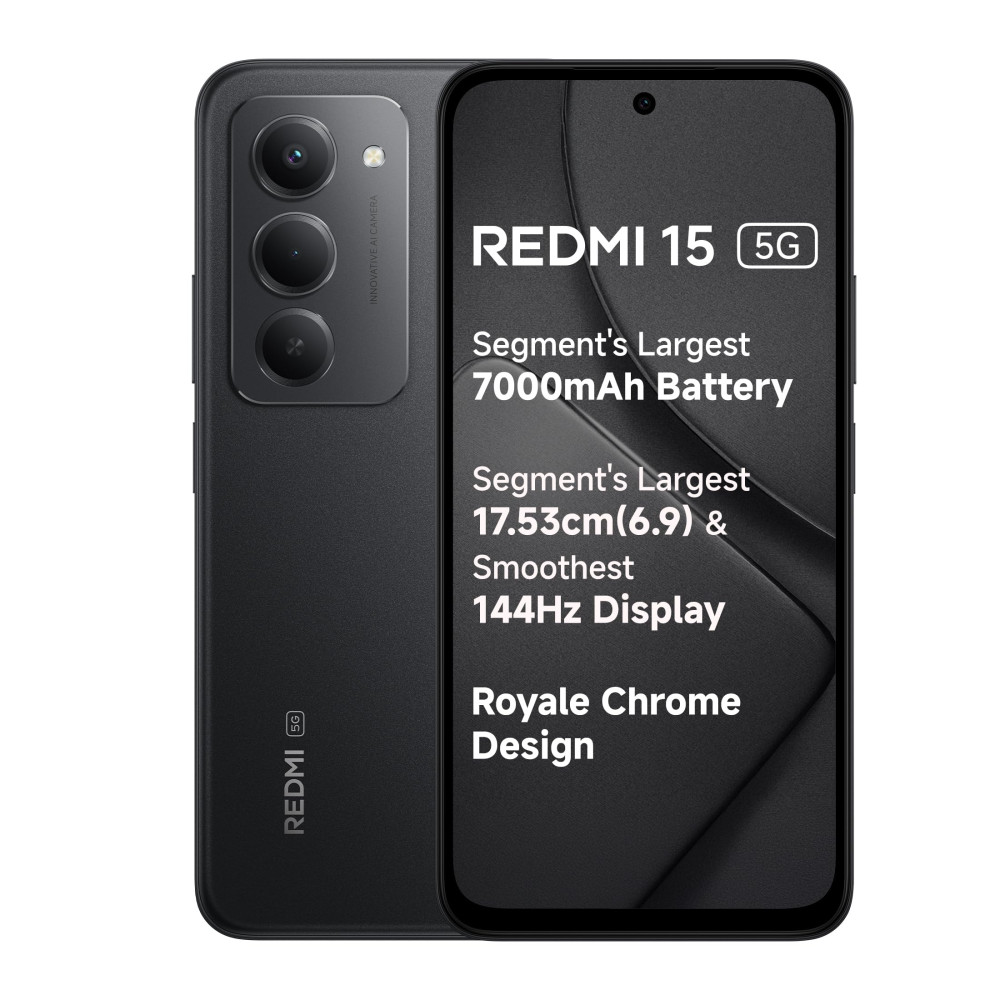 Image of Redmi 15 5G Midnight Black 8GB + 256GB | Segment's Largest 7000mAhA Battery | Segment's Largest Display 17.53cm(6.9) Up to 144Hz | Snapdragon 6s Gen 3 | 18W Reverse Charging | 50MP AI Dual Camera