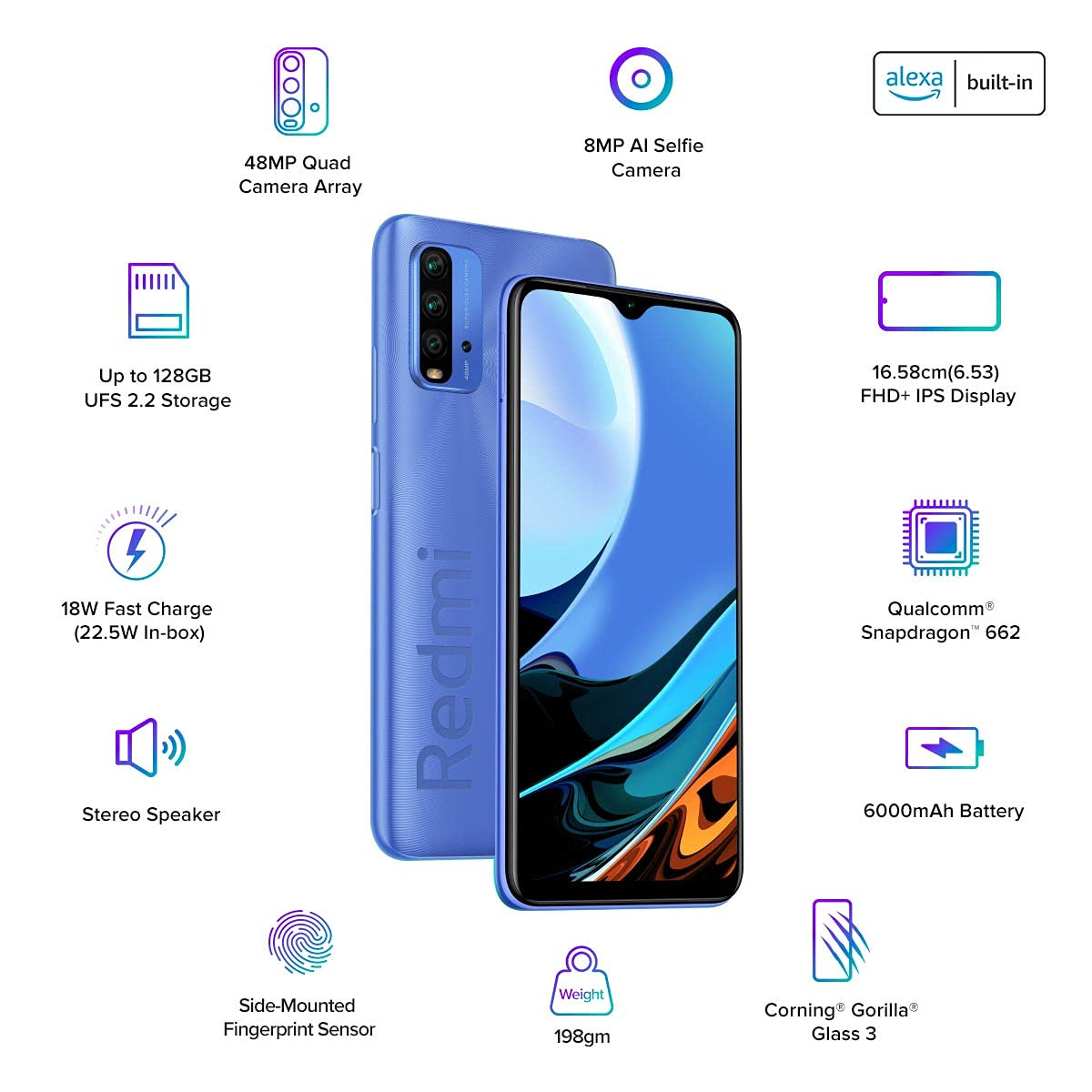 Redmi 9 Power Blazing Blue 4GB RAM 64GB Storage - 6000mAh Battery FHD Screen 48MP Quad Camera Alexa Hands-Free Capable