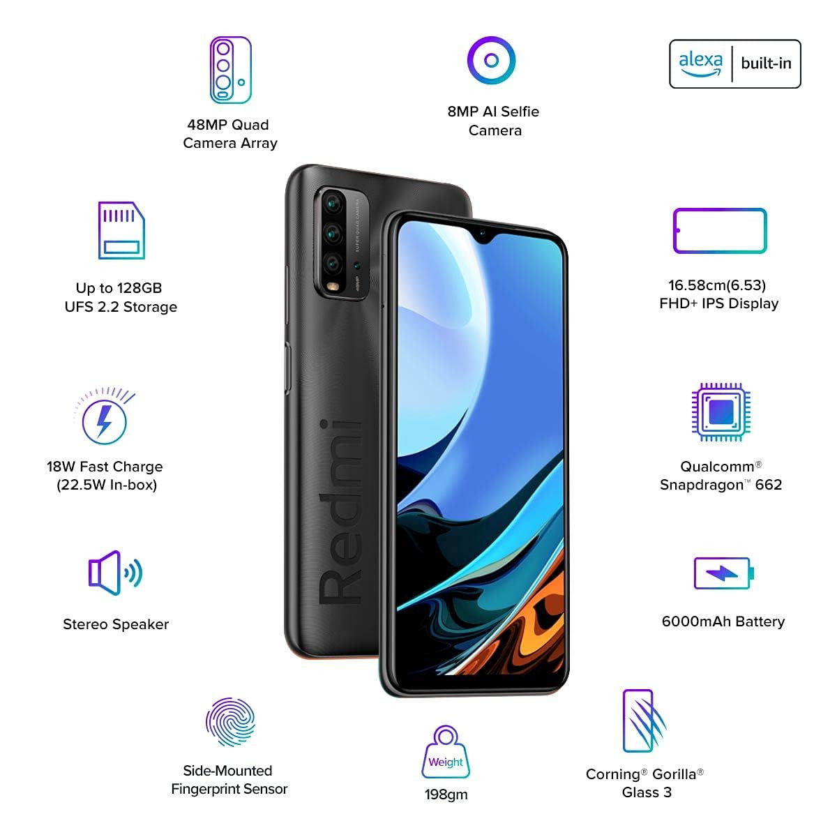 Redmi 9 Power Mighty Black 4GB RAM 64GB Storage - 6000mAh Battery FHD Screen 48MP Quad Camera Alexa Hands-Free Capable