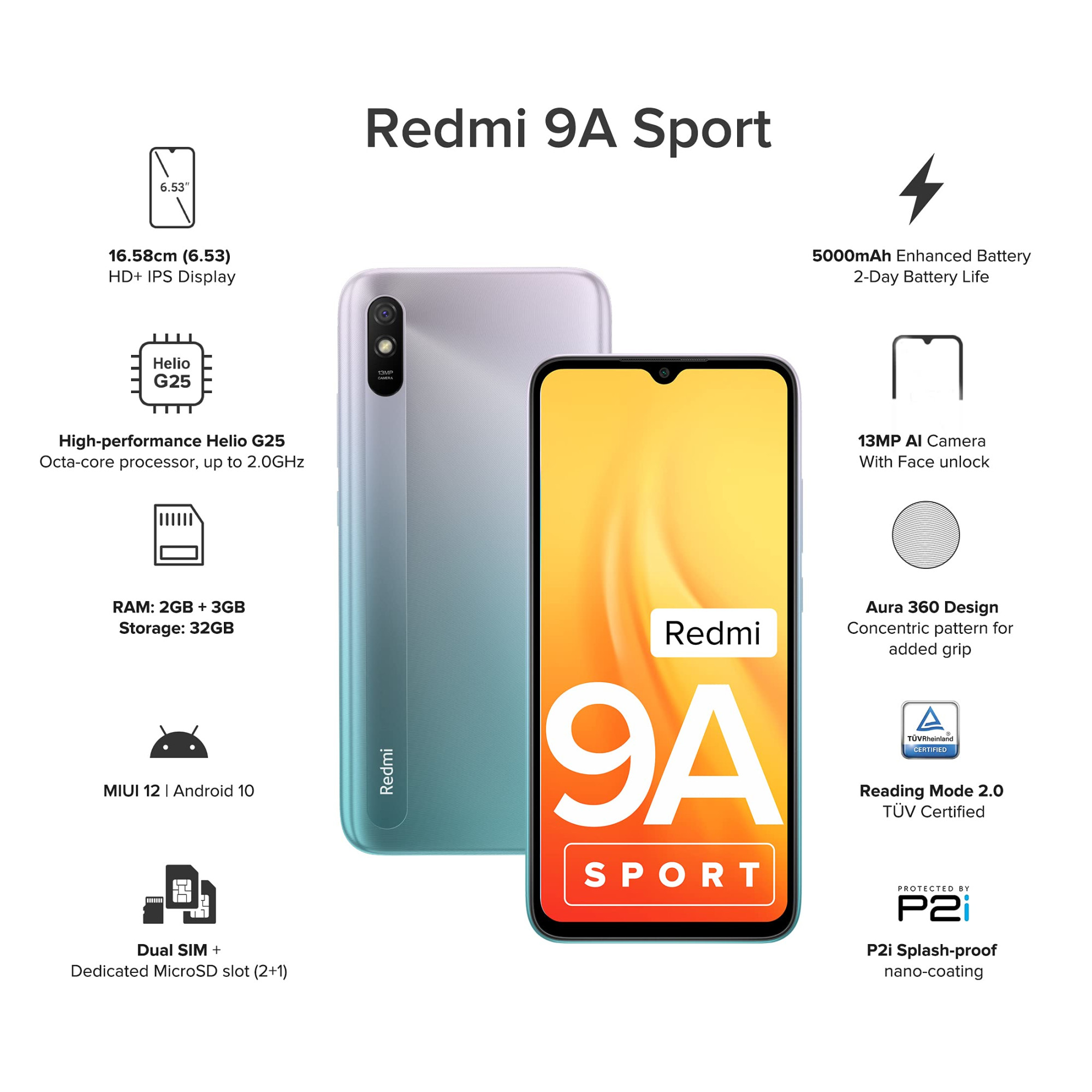 Redmi 9A Sport Metallic Blue 2GB RAM 32GB Storage 2GHz Octa-core Helio G25 Processor 5000 mAh Battery