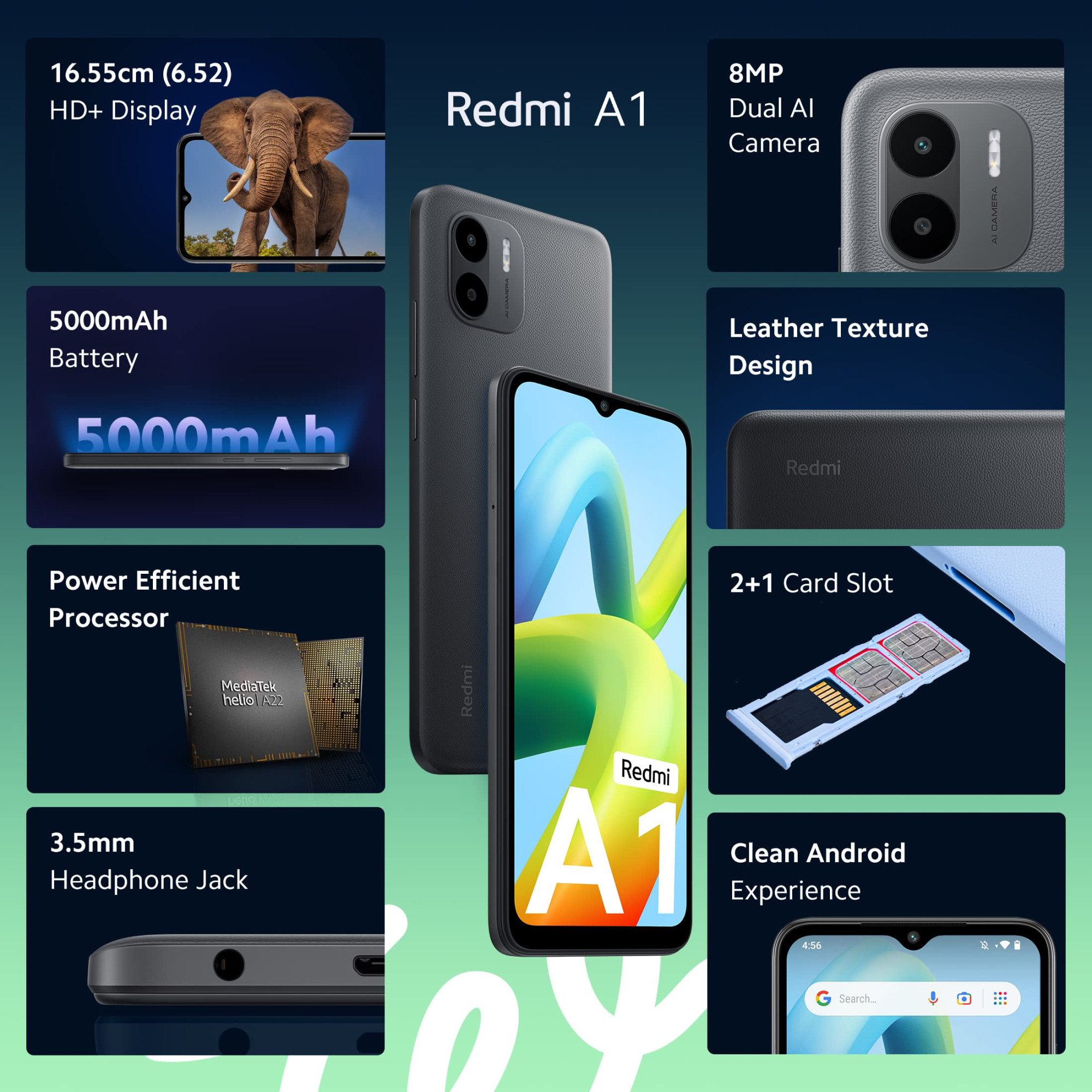 Redmi A1 Black 2GB RAM 32GB Storage Segment Best AI Dual Cam 5000mAh Battery Leather Texture Design Android 12