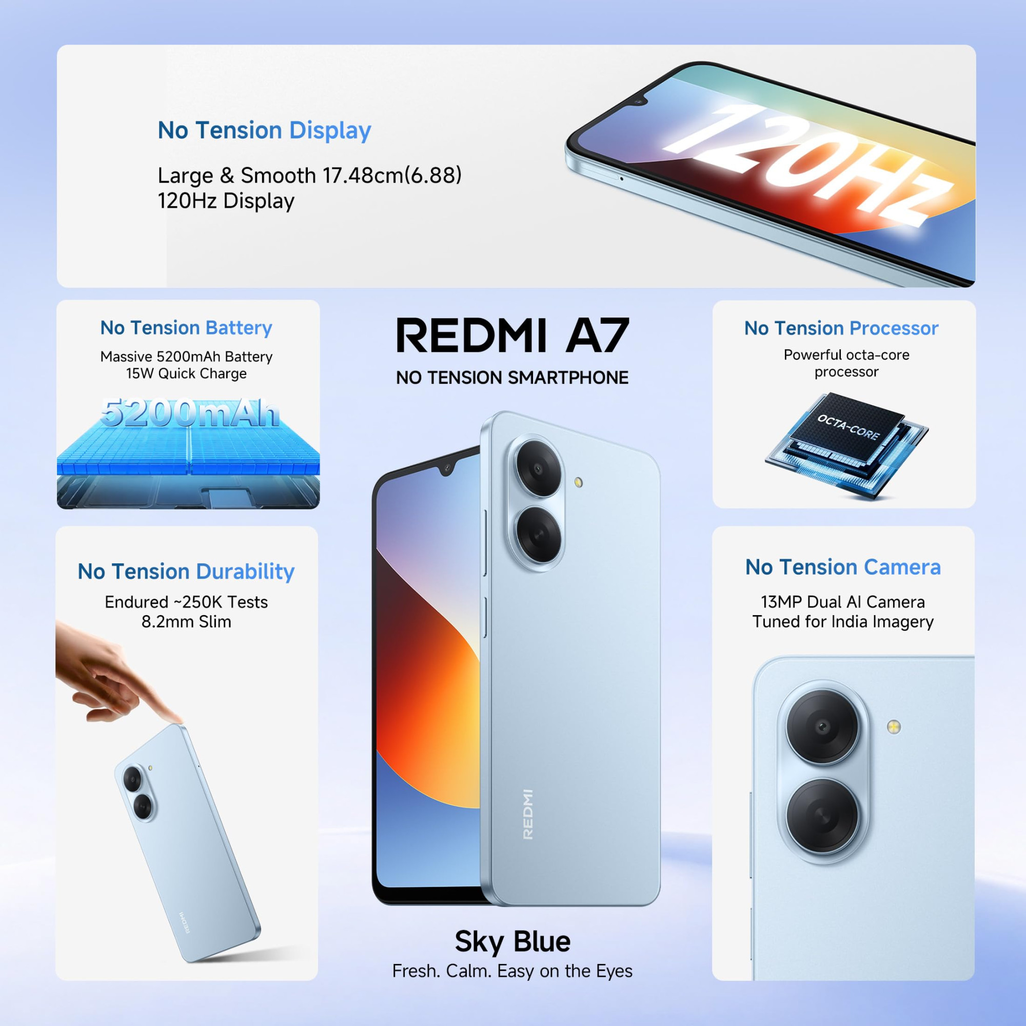 REDMI A7 4G Sky Blue 3 GB RAM 64GB Storage  Large 1748cm 688 Smooth 120Hz Display  5200mAh 2-Day Battery  Royale Design  Charger in the Box