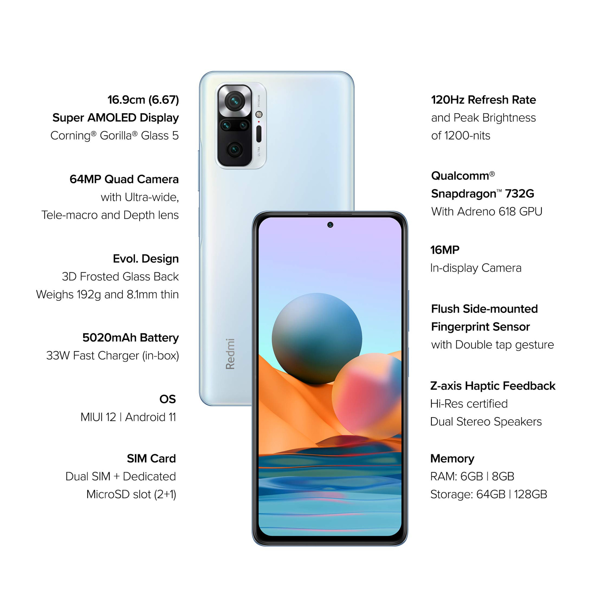 Redmi Note 10 Pro Glacial Blue 6GB RAM 128GB Storage -120hz Super Amoled Display64MP with 5mp Super Tele- Macro 33W Charger Included