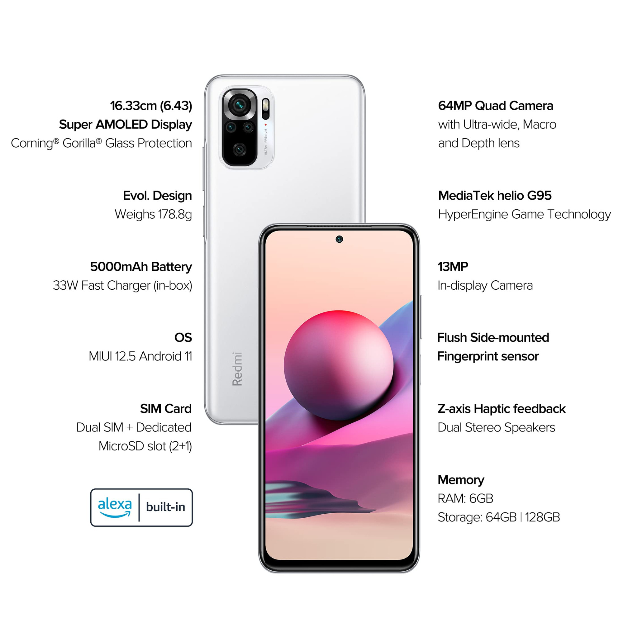 Redmi Note 10S Frost White 6GB RAM 128GB Storage - Super Amoled Display 64 MP Quad Camera 33W Charger Included