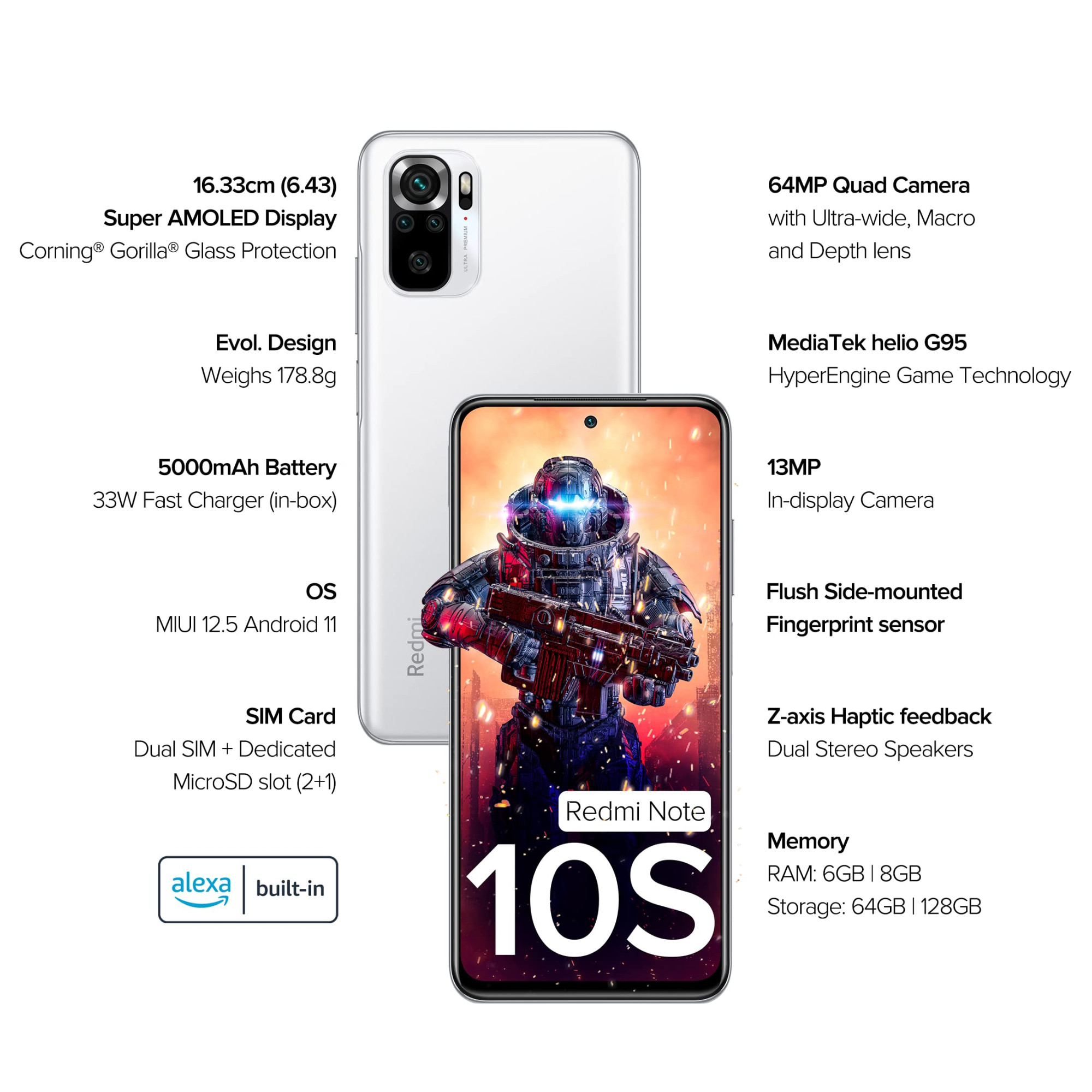 Redmi Note 10S Frost White 8GB RAM128 GB Storage - Super Amoled Display 64 MP Quad Camera Alexa Built in 33W Charger Included