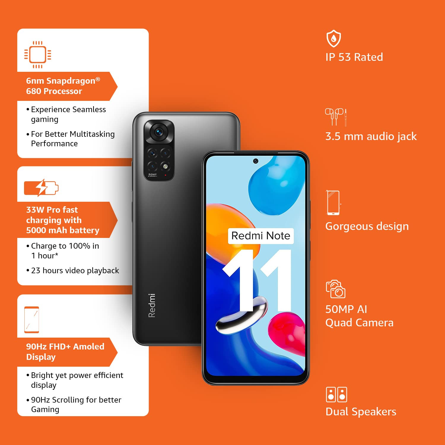Redmi Note 11 Space Black 6GB RAM 128GB Storage90Hz FHD AMOLED Display Qualcomm Snapdragon 680-6nm 33W Charger Included