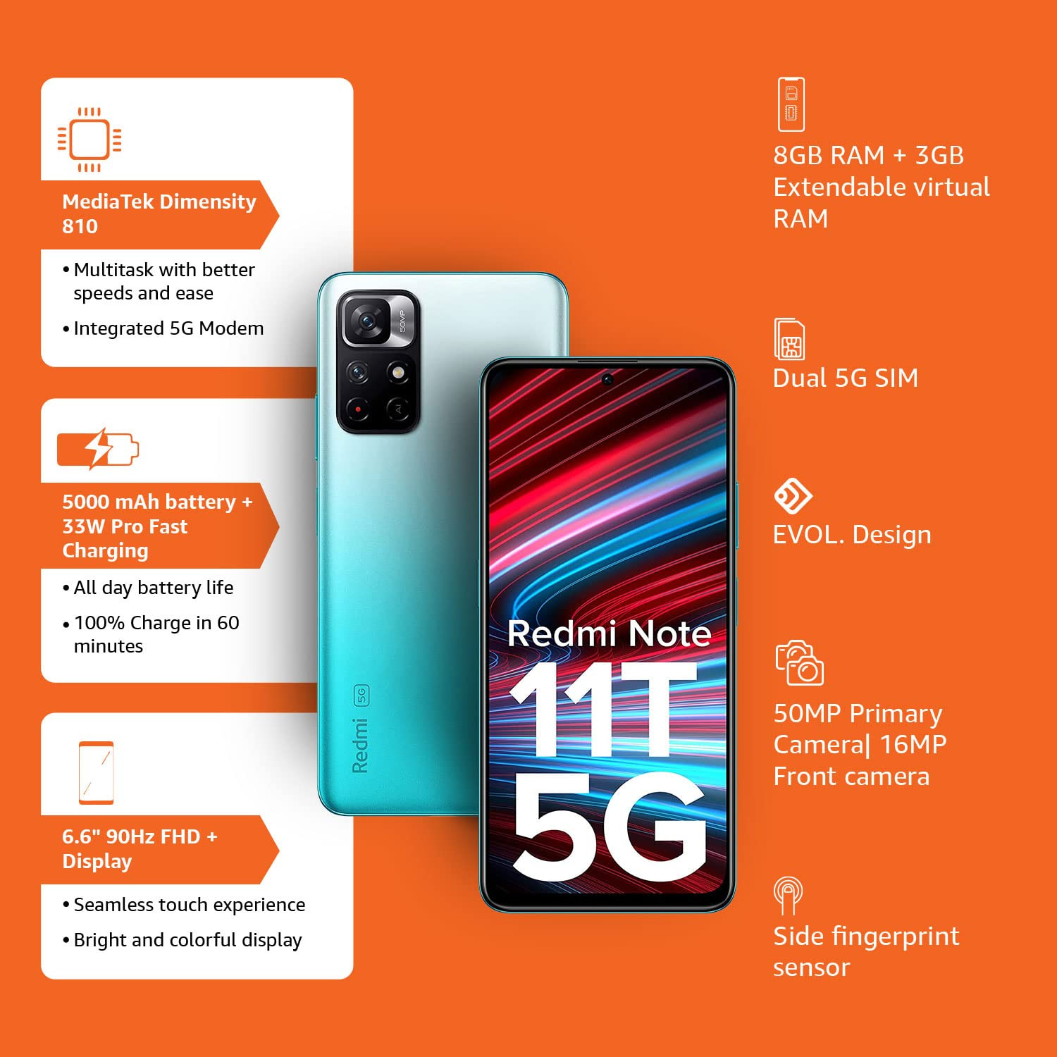 Redmi Note 11T 5G Aquamarine Blue 6GB RAM 128GB ROM Dimensity 810 5G 33W Pro Fast Charging Charger Included