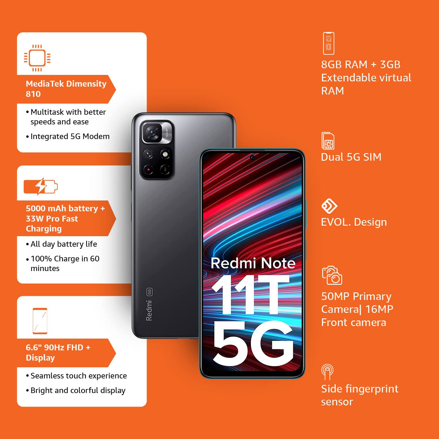 Redmi Note 11T 5G Matte Black 6GB RAM 64GB ROM Dimensity 810 5G 33W Pro Fast Charging Charger Included
